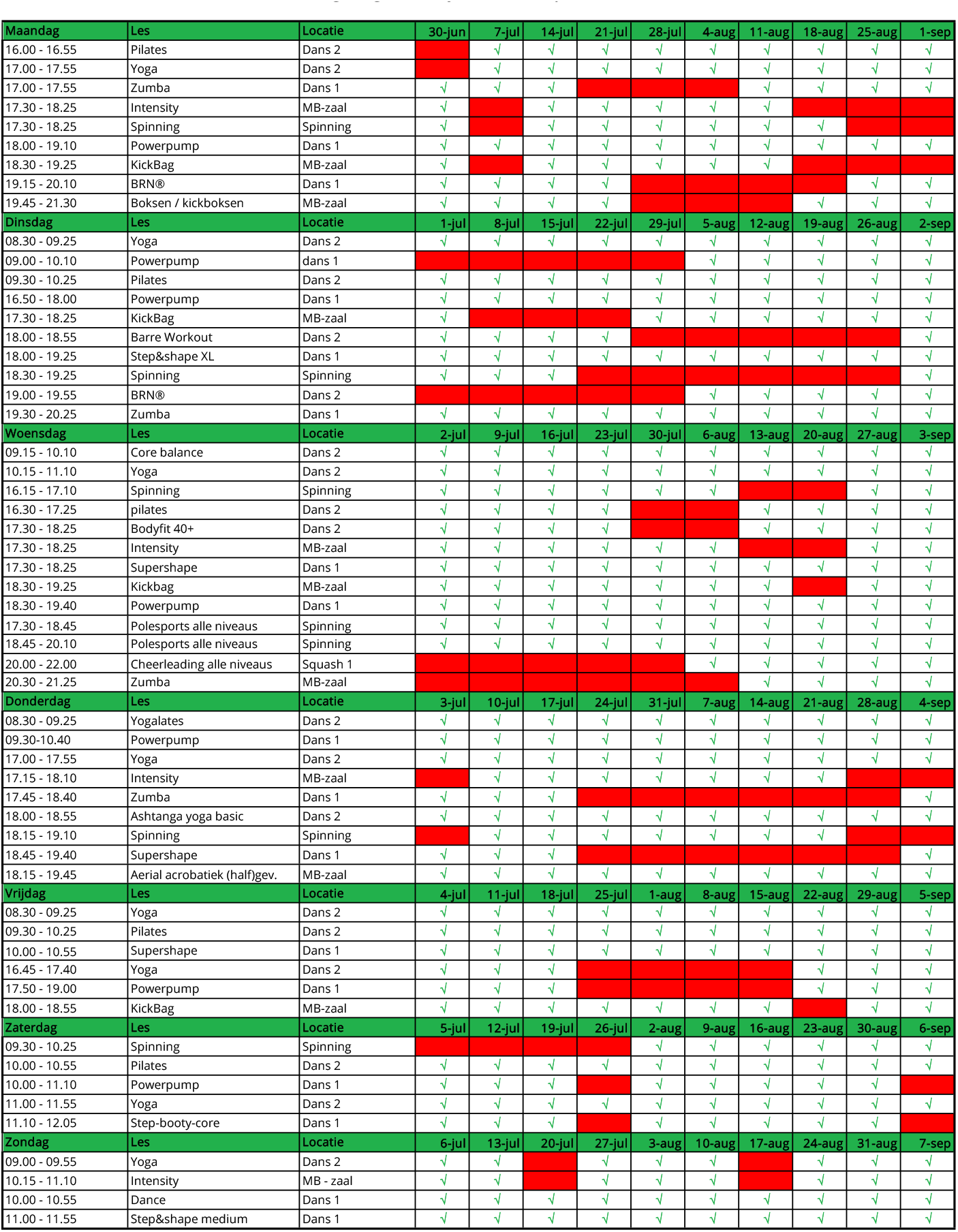 Rooster groepslessen zomer