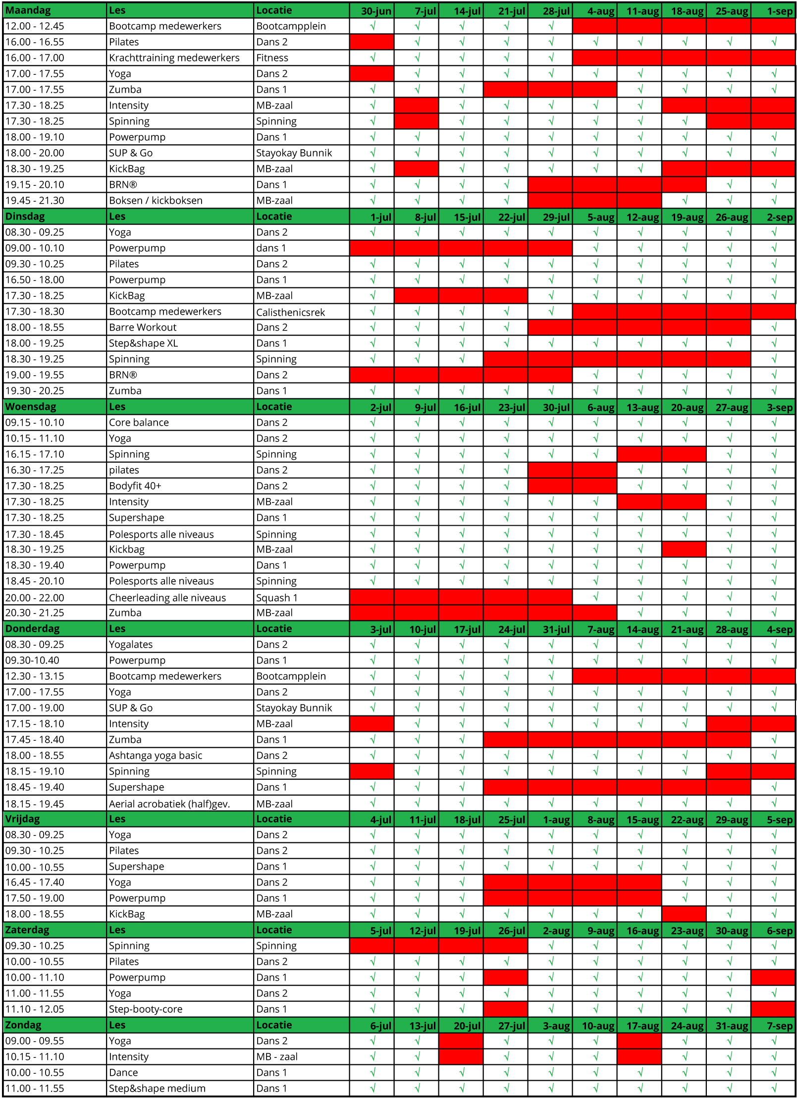 Rooster groepslessen zomer
