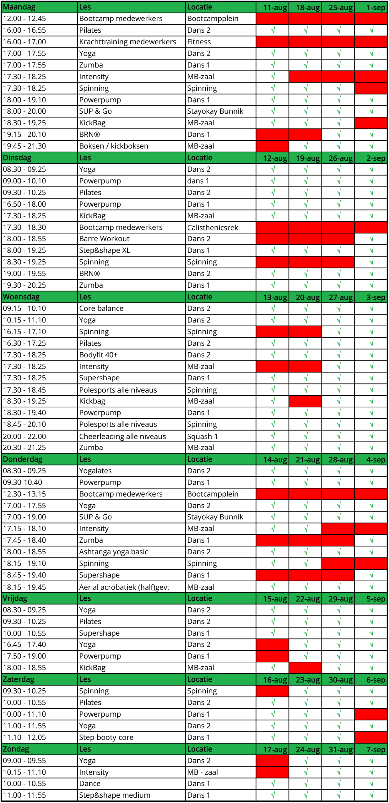 Rooster groepslessen zomer