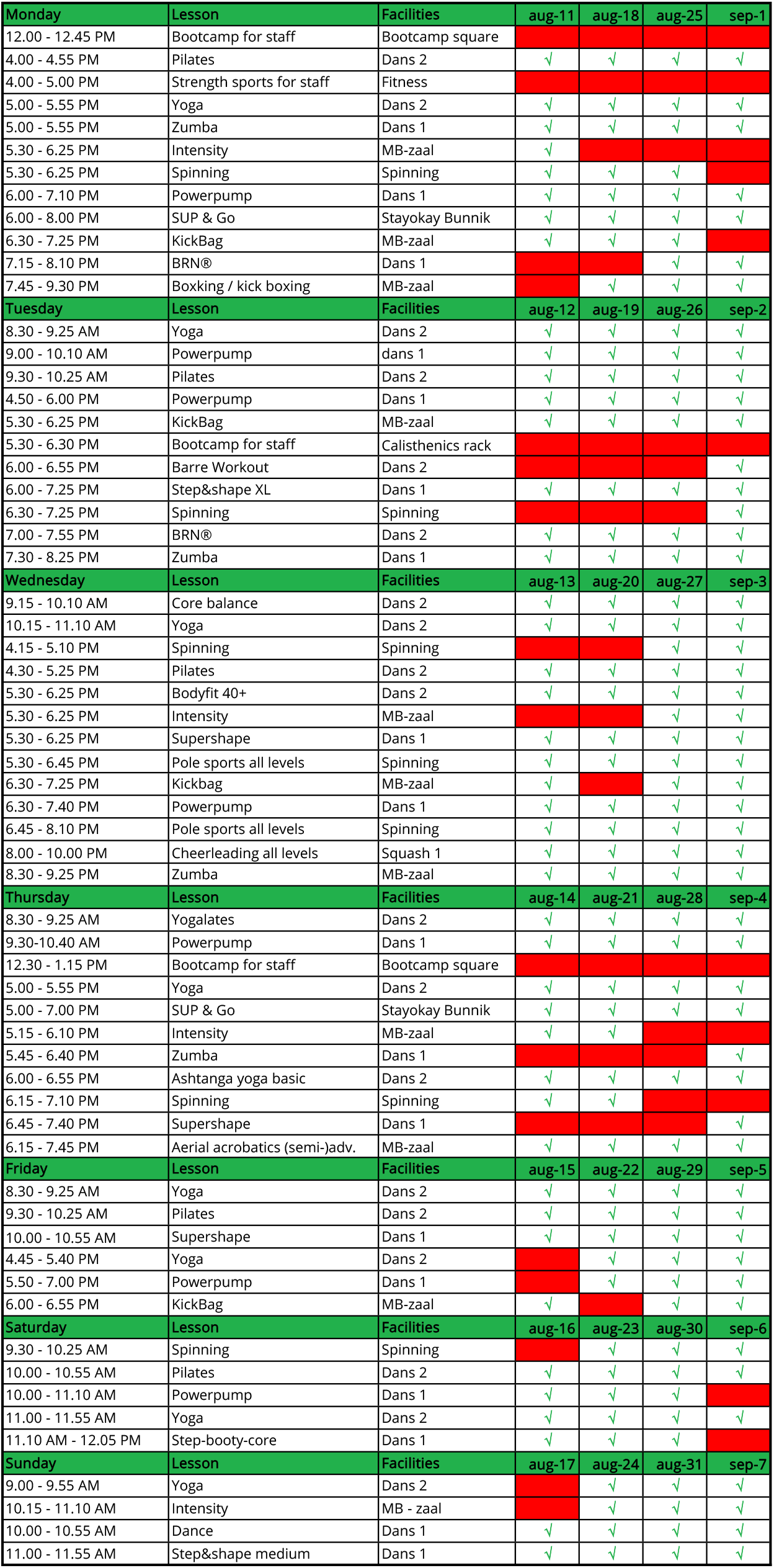 Rooster groepslessen zomer Engels